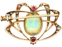 Art Nouveau 18ct Gold Spider Brooch set with an Opal, Rubies & Diamonds