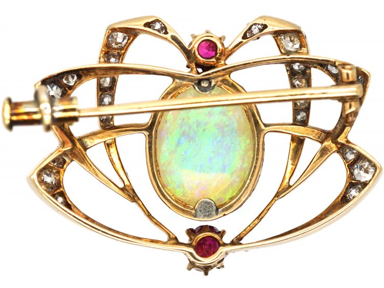 Art Nouveau 18ct Gold Spider Brooch set with an Opal, Rubies & Diamonds