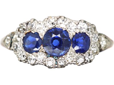 Victorian 18ct Gold, Sapphire & Diamond Three Stone Cluster Ring