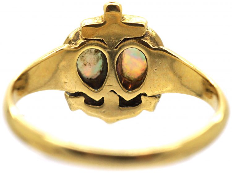 Victorian 18ct Gold, Opal & Rose Diamond Ring with Double Heart & Anchor Motif