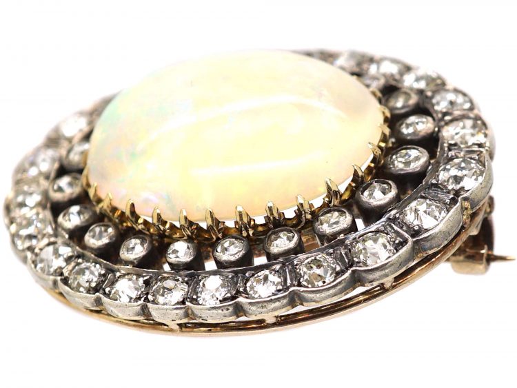 Edwardian 15ct Gold & Silver, Large Opal & Diamond Brooch