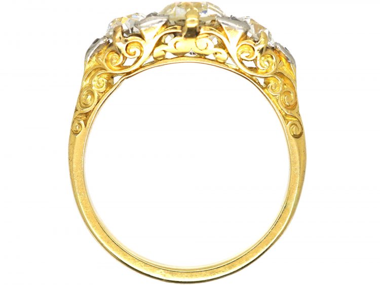 Victorian 18ct Gold, Three Stone Diamond Carved Half Hoop Ring
