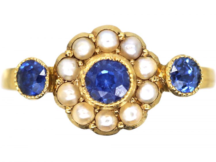 Victorian 18ct Gold, Sapphire & Natural Split Pearl Cluster Ring