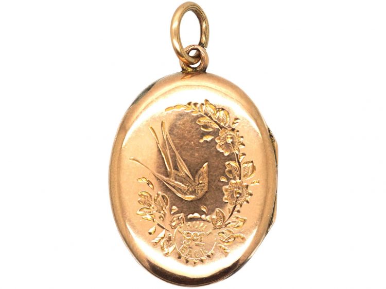 Edwardian 9ct Back & Front Oval Locket with Engraved Swallow Detail