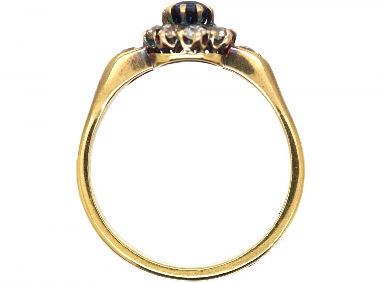 Edwardian 18ct Gold, Sapphire & Diamond Cluster Ring with Diamond set Shoulders