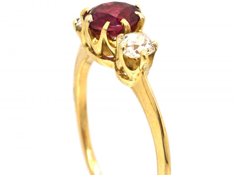 Edwardian 18ct Gold, Ruby & Diamond Three Stone Ring