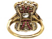 Art Deco 18ct Gold & Platinum, Ruby & Diamond Plaque Ring with Ribbon Motif