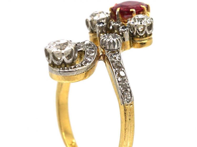 Art Nouveau 18ct Gold & Platinum, Diamond & Ruby Crossover Ring