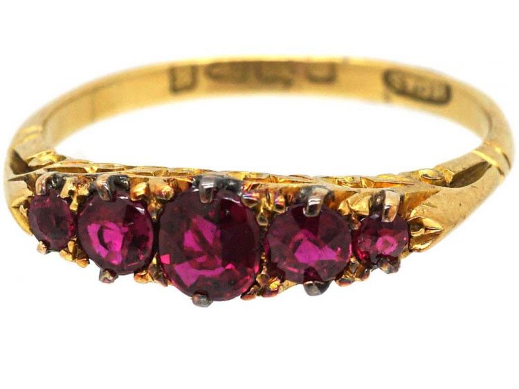 Victorian 18ct Gold Five Stone Ruby Carved Half Hoop Ring