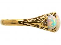 Edwardian 18ct Gold, Three Stone Opal Ring with Rose Diamond Points