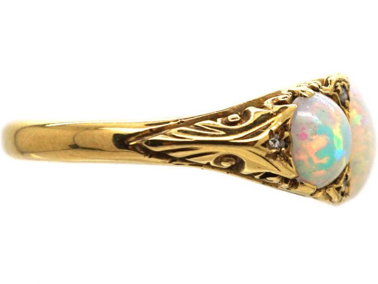 Edwardian 18ct Gold, Three Stone Opal Ring with Rose Diamond Points