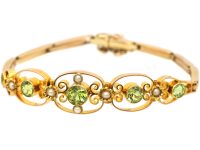 Edwardian 9ct Gold, Peridot & Natural Split Pearl Bracelet