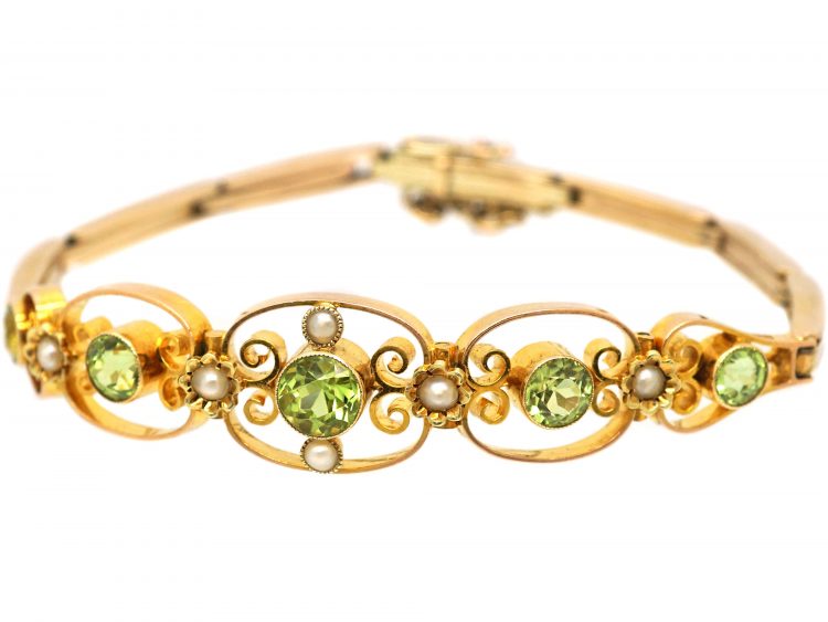 Edwardian 9ct Gold, Peridot & Natural Split Pearl Bracelet