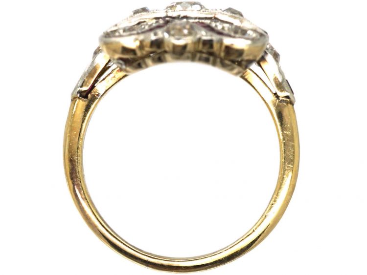 Art Deco 18ct Gold & Platinum, Ruby & Diamond Plaque Ring with Ribbon Motif