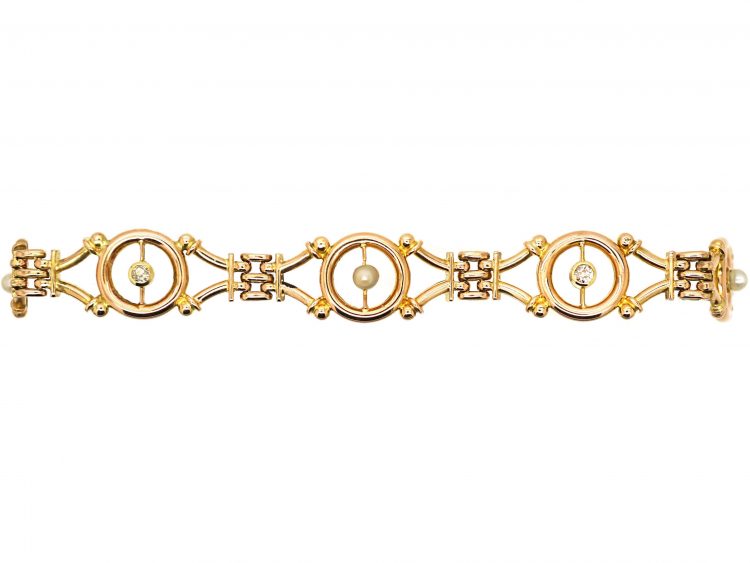 Edwardian 15ct Gold Bracelet set with Diamonds & Natural Pearls