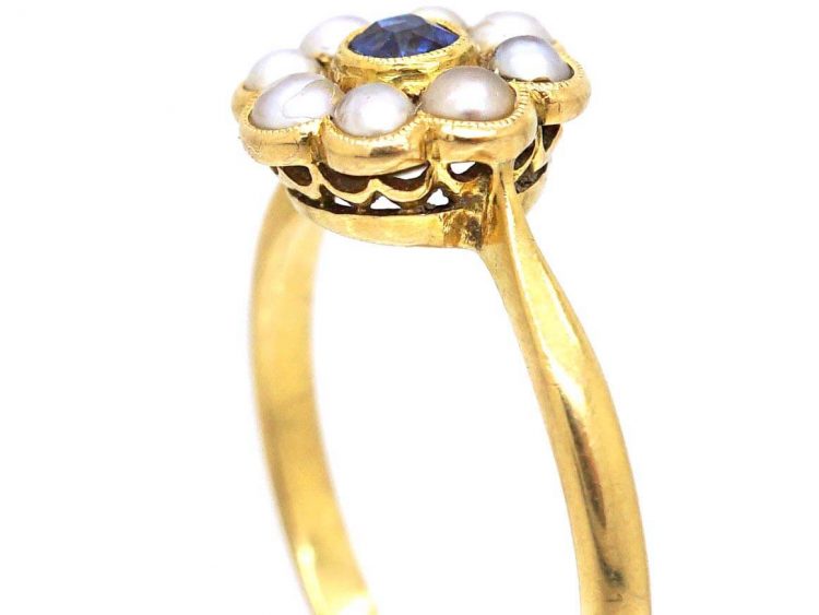 Edwardian 18ct Gold, Sapphire & Natural Split Pearl Cluster Ring