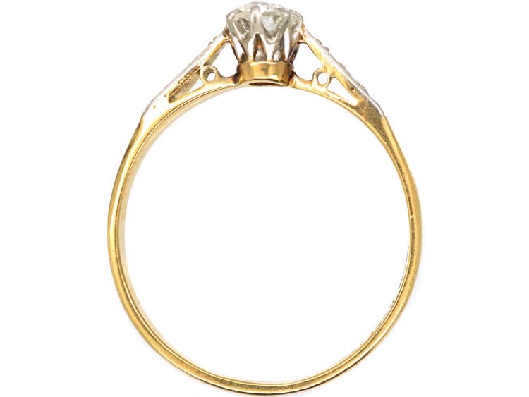 Art Deco 18ct Gold & Platinum, Diamond Solitaire Ring with Decorative Platinum Shoulders