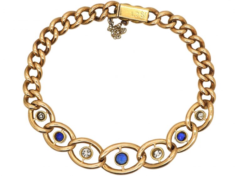 Edwardian 15ct Gold Curb Bracelet set with Sapphires & Diamonds