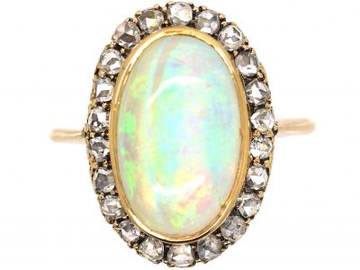 Edwardian 18ct Gold, Opal & Rose Diamond Oval Cluster Ring