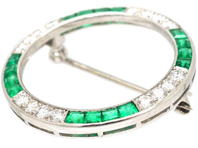 Art Deco Platinum, Emerald & Diamond Circular Brooch