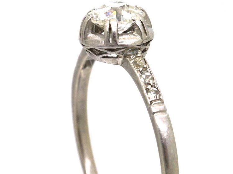 French Art Deco Platinum & Diamond Solitaire with Rose Diamond Shoulders