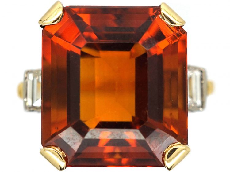 Retro 18ct Gold Large Madeira Citrine & Baguette Diamond Ring