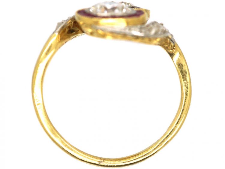 Art Deco 18ct Gold & Platinum, Two Stone Diamond & Ruby Crossover Ring