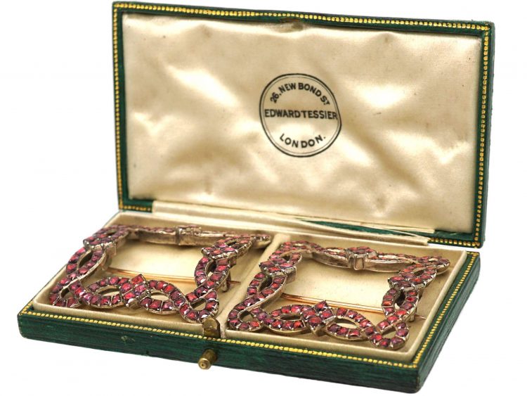 Georgian Pair of Silver & Flat Cut Almandine Garnet Buckles in original Case