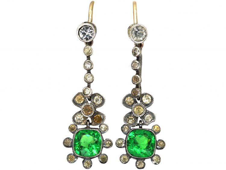 Edwardian Silver & Green & White Paste Drop Earrings