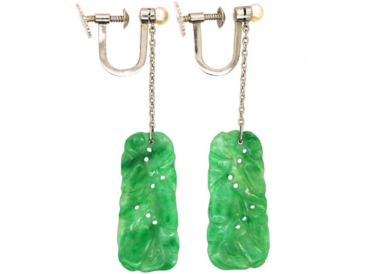 Art Deco 18ct White Gold Jade Drop Earrings