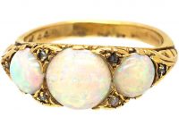 Edwardian 18ct Gold, Three Stone Opal Ring with Rose Diamond Points