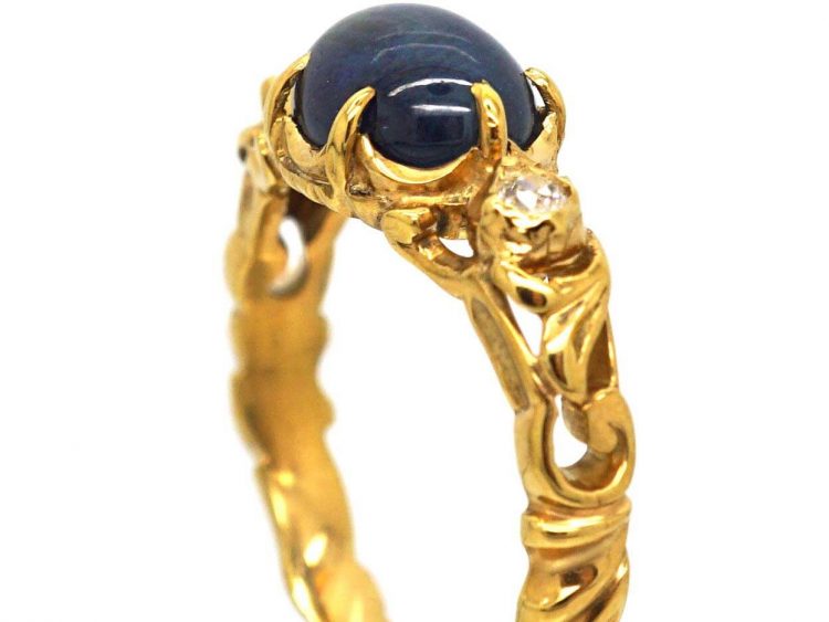19th Century 18ct Gold, Cabochon Sapphire & Diamond Holbeinesque Style Ring