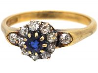 Edwardian 18ct Gold, Sapphire & Diamond Cluster Ring with Diamond set Shoulders