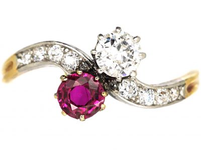 Edwardian 18ct Gold & Platinum, Diamond & Ruby Crossover Ring