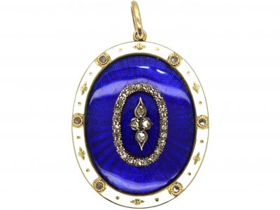 Edwardian 15ct Gold, Oval Blue & White Enamel Pendant with a Glazed Locket