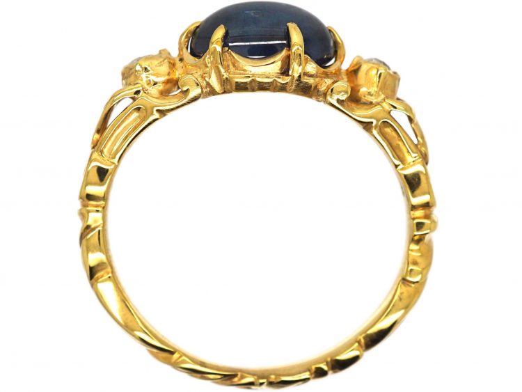 19th Century 18ct Gold, Cabochon Sapphire & Diamond Holbeinesque Style Ring