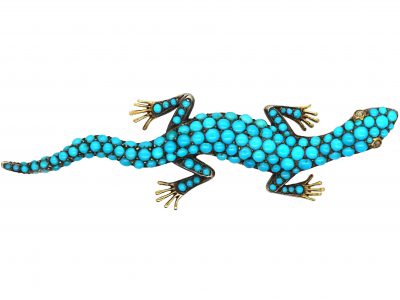Victorian 18ct Gold & Turquoise Lizard Brooch with Rose Diamond Eyes