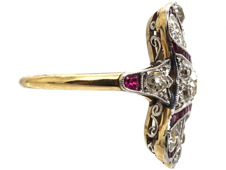 Art Deco 18ct Gold & Platinum, Ruby & Diamond Plaque Ring with Ribbon Motif