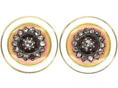 Edwardian 18ct Gold, Peach Enamel & Rose Diamond Round Earrings