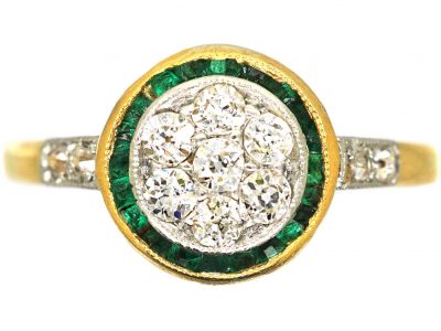 Art Deco 18ct Gold & Platinum, Emerald & Diamond Target Ring