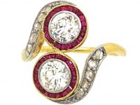 Art Deco 18ct Gold & Platinum, Two Stone Diamond & Ruby Crossover Ring