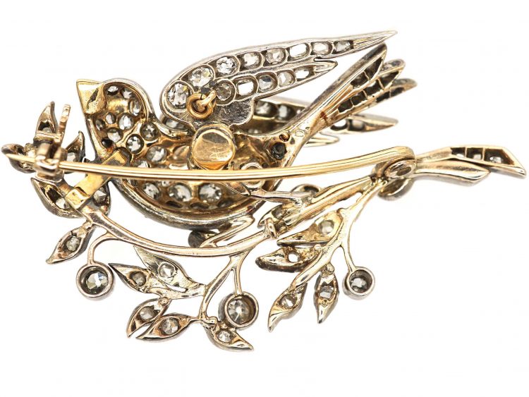 Victorian Silver & Gold Diamond Set Bird Brooch on Branch