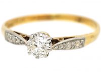 Art Deco 18ct Gold & Platinum, Diamond Solitaire Ring with Decorative Platinum Shoulders