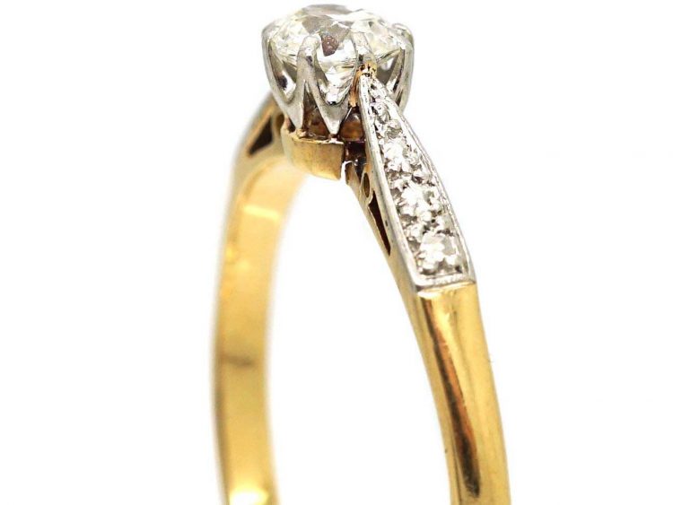 Art Deco 18ct Gold & Platinum, Diamond Solitaire Ring with Decorative Platinum Shoulders