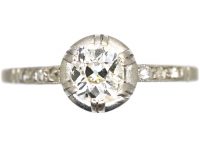 French Art Deco Platinum & Diamond Solitaire with Rose Diamond Shoulders