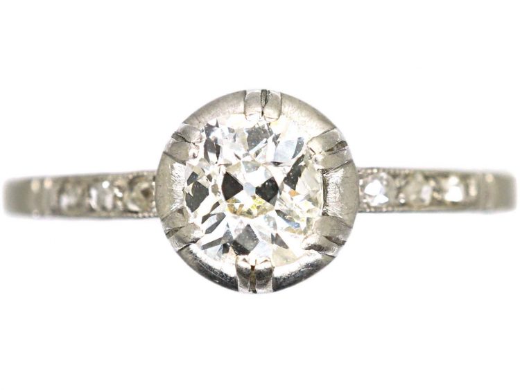 French Art Deco Platinum & Diamond Solitaire with Rose Diamond Shoulders