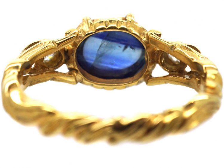 19th Century 18ct Gold, Cabochon Sapphire & Diamond Holbeinesque Style Ring