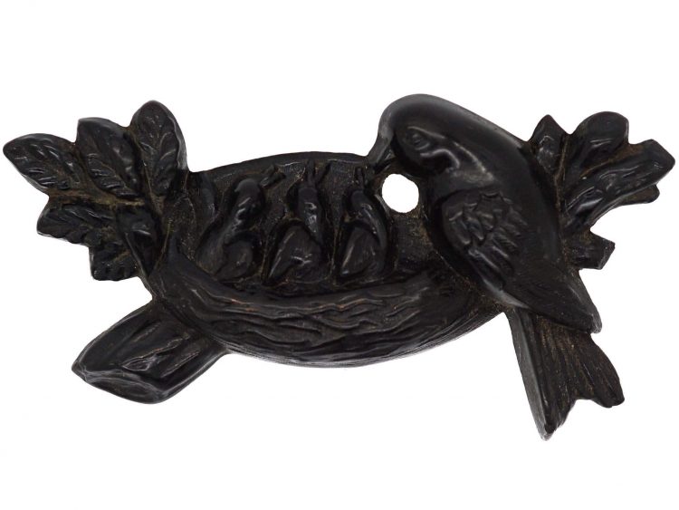 Victorian Jet Brooch of a Bird with her Chicks