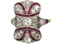Art Deco 18ct Gold & Platinum, Ruby & Diamond Plaque Ring with Ribbon Motif
