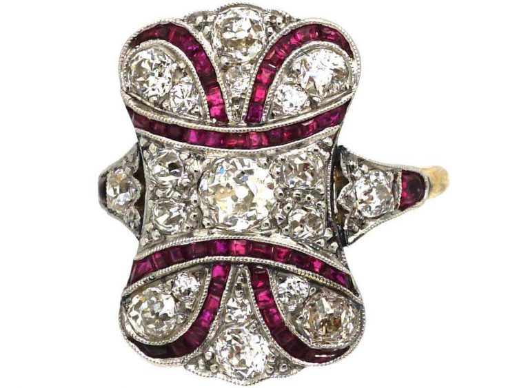 Art Deco 18ct Gold & Platinum, Ruby & Diamond Plaque Ring with Ribbon Motif